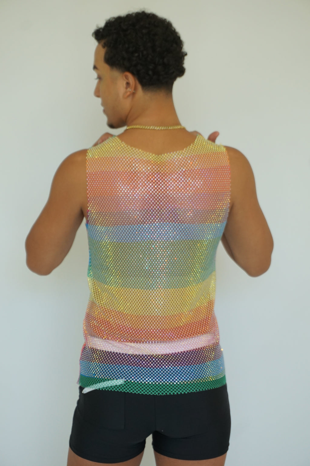 Rainbow Fishnet Long Tank Top – See-Through Mesh Camisole, Sleeveless Cover-Up for Women