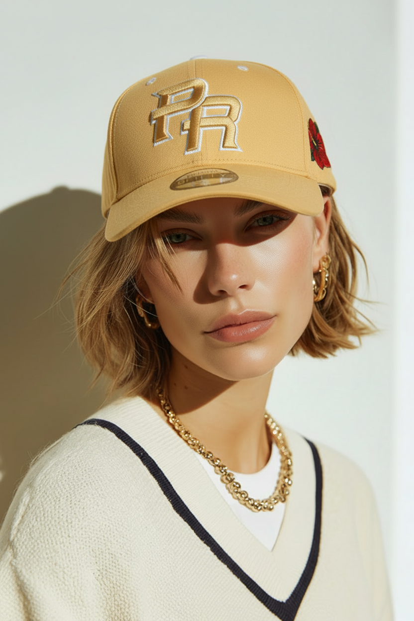 Puerto Rico PR Snapback Hat – Nude Curved Brim Cap with 5D Embroidery & Flor Maga Patch | Tainowears®
