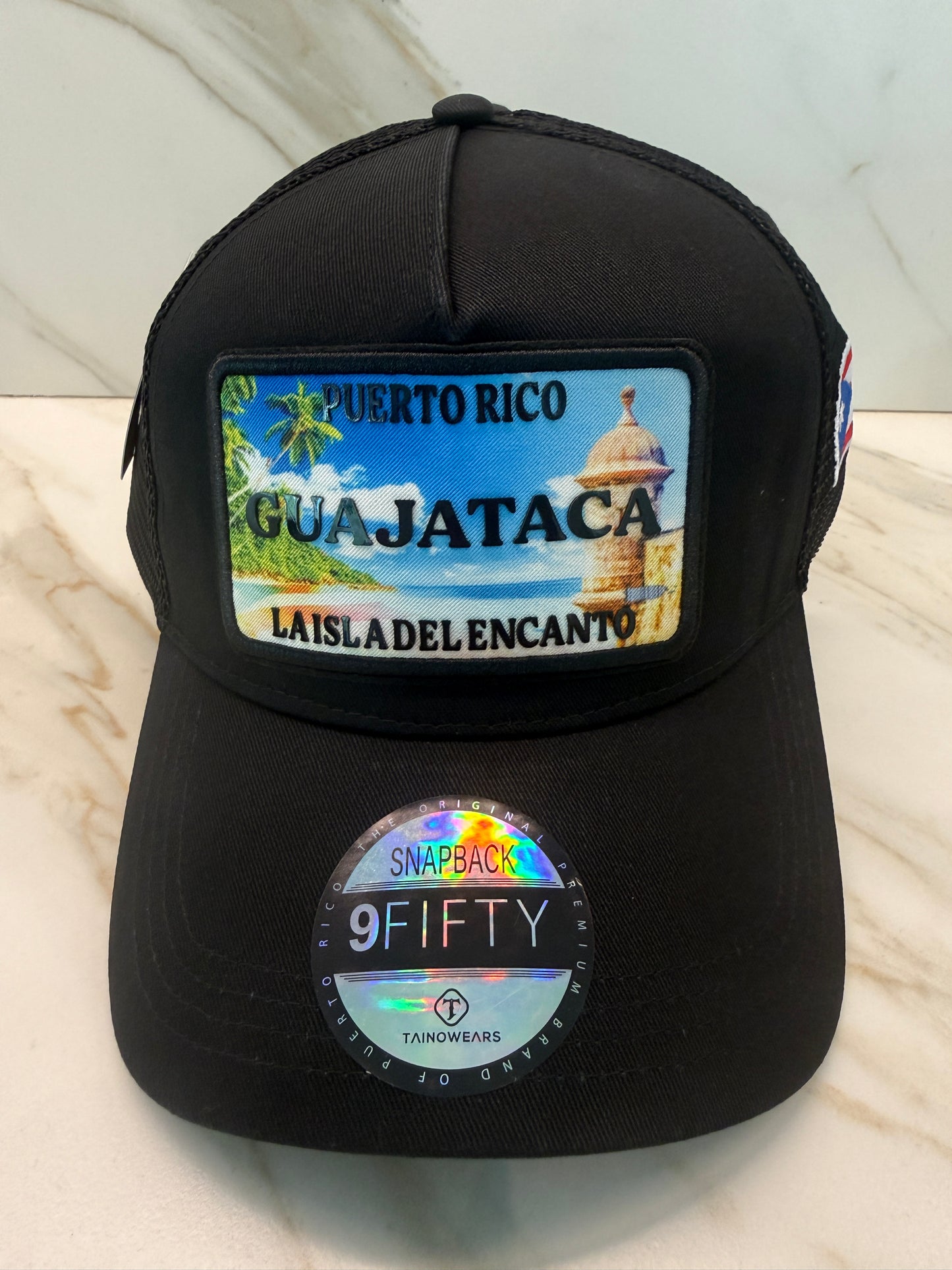 Puerto Rico Curved Brim Snapback Trucker Hat – Mesh Back, Leather License-Plate Patch, Isla del Encanto