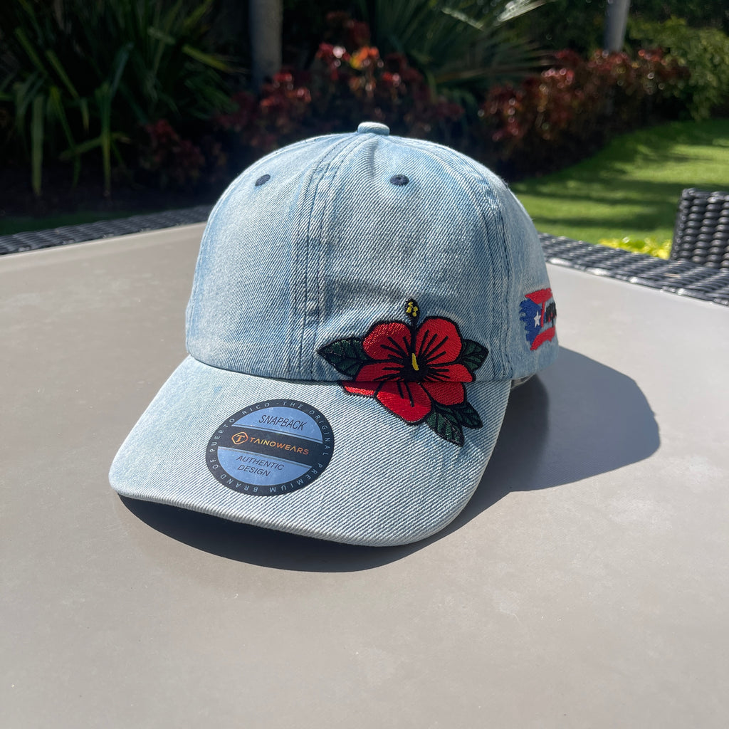 Puerto Rico Denim Flor Maga Hat - Embroidered Curved Brim Snapback Cap