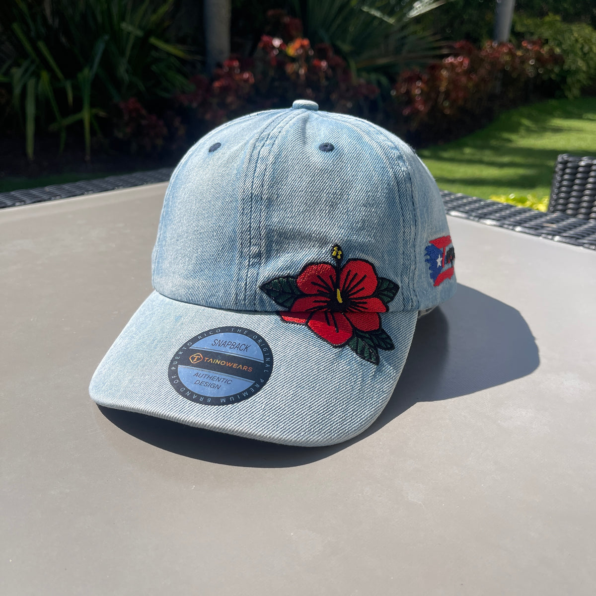 Puerto Rico Denim Flor Maga Hat - Embroidered Curved Brim Snapback Cap
