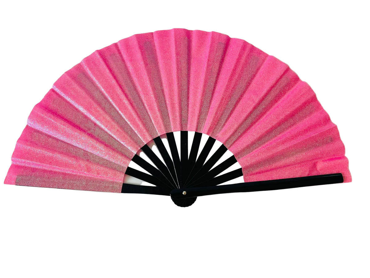 Pink glitter folding fan with black bamboo ribs