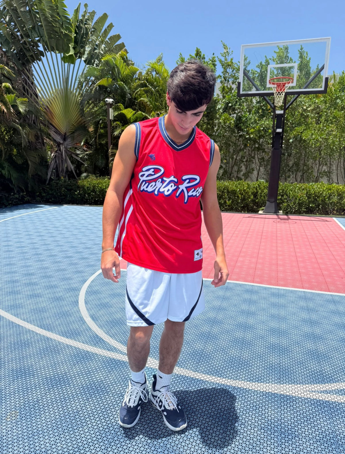 Sleeveless Puerto Rico mesh basketball jersey with knit collar