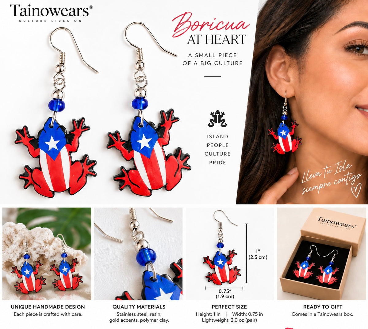 Puerto Rico Coquí Earrings – Handmade Boricua Flag Dangle Earrings