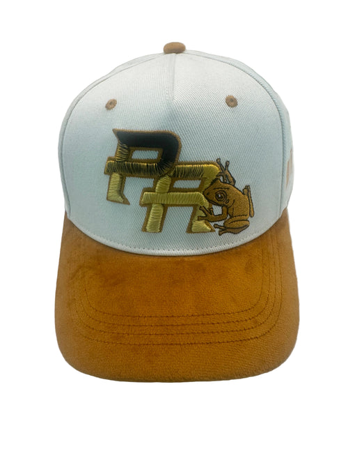 Golden Coquí PR Snapback Hat in off white and gold with metallic embroidery and velvet curved brim