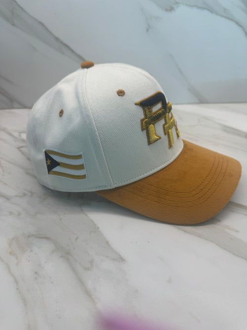 Luxury Puerto Rico PR cap featuring integrated coquí embroidery and gold velvet brim