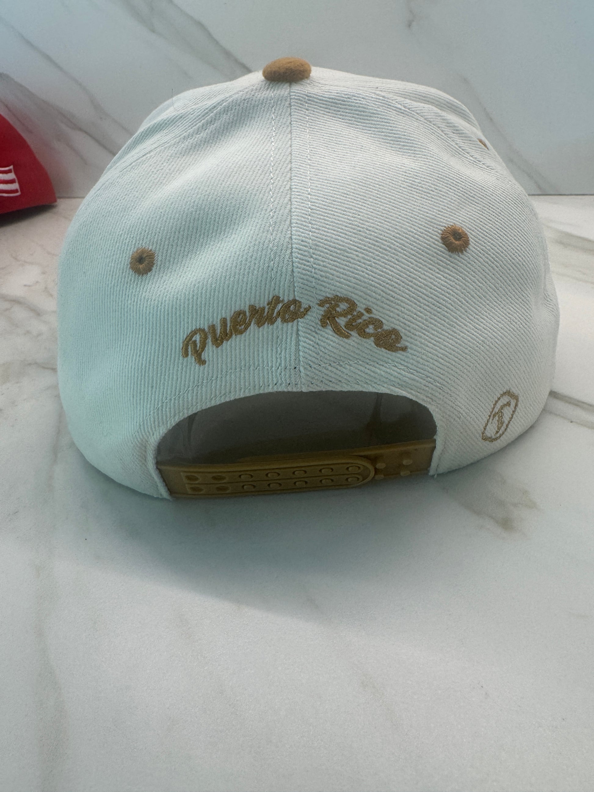 Off white Puerto Rico snapback hat with metallic PR artwork and coquí design