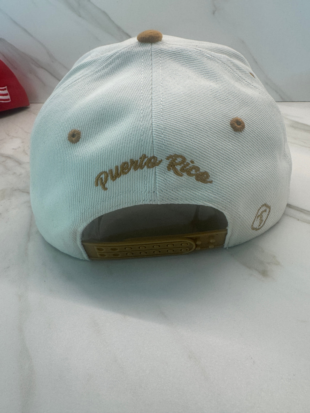 Off white Puerto Rico snapback hat with metallic PR artwork and coquí design