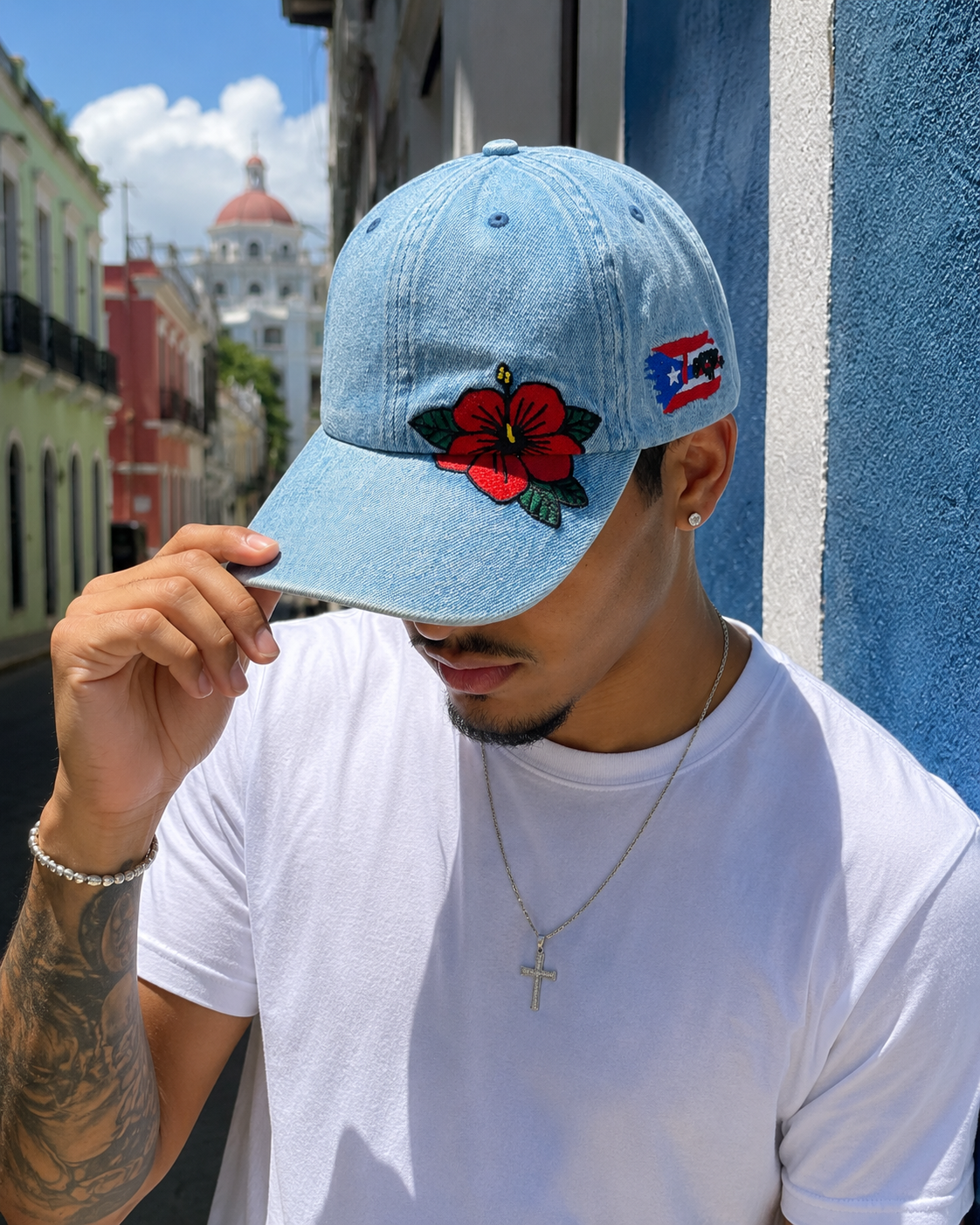 Puerto Rico Denim Flor Maga Hat - Embroidered Curved Brim Snapback