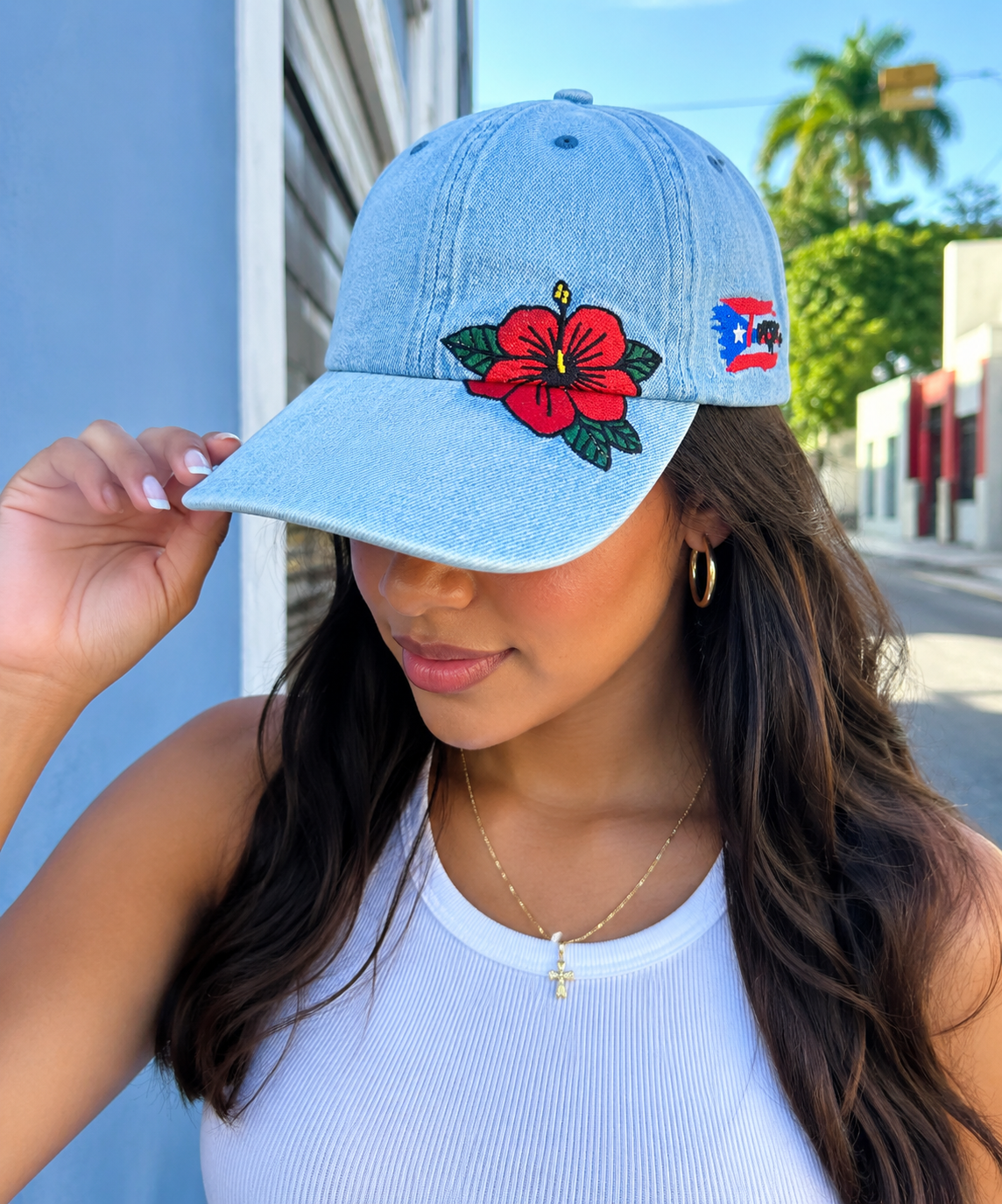 Puerto Rico Denim Flor Maga Hat - Embroidered Curved Brim Snapback Cap