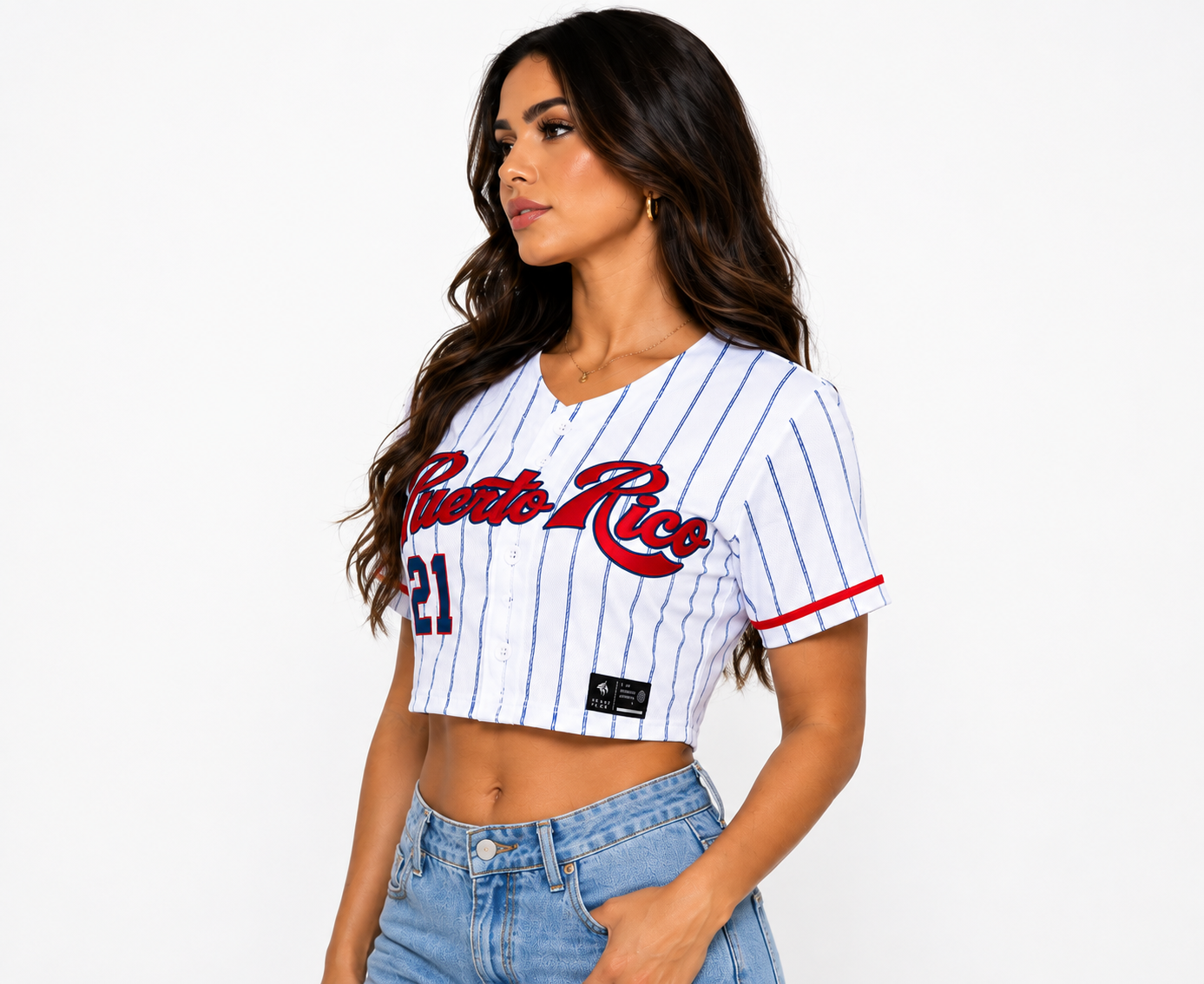 Puerto Rico 21 Coquí Pinstripe Women’s Embroidered Crop Jersey