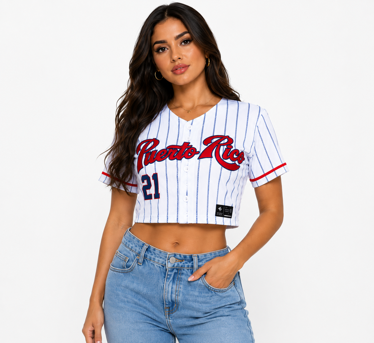Puerto Rico 21 Coquí Pinstripe Women’s Embroidered Crop Jersey