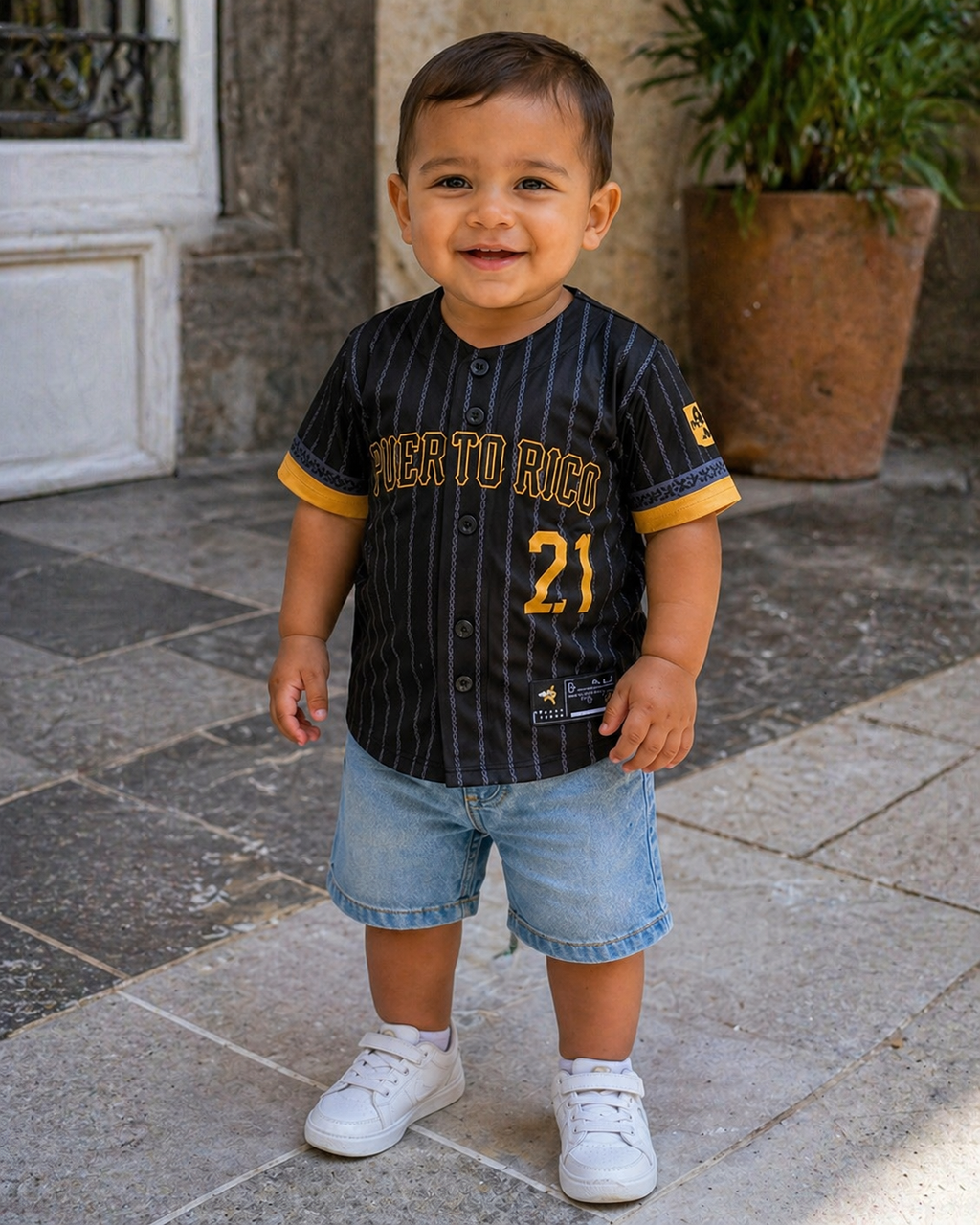 Puerto Rico Clemente Coquí Kids Baseball Jersey – Black Gold Youth Button-Up Shirt