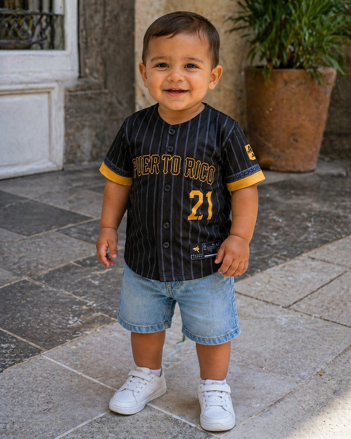 Puerto Rico Clemente Coquí Kids Baseball Jersey – Black Gold Youth Button-Up Shirt