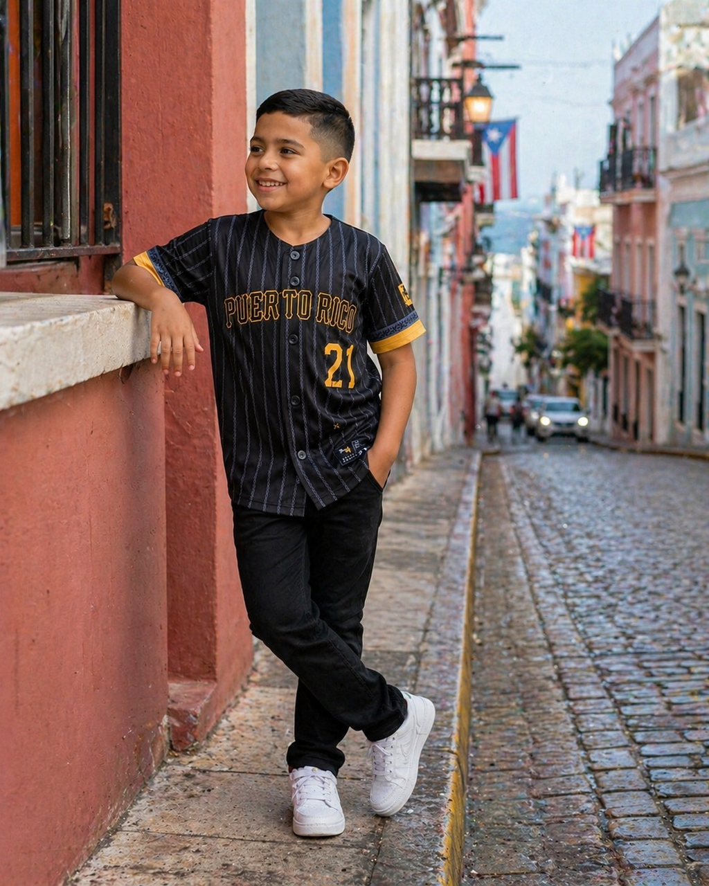Puerto Rico Clemente Coquí Kids Baseball Jersey – Black Gold Youth Button-Up Shirt