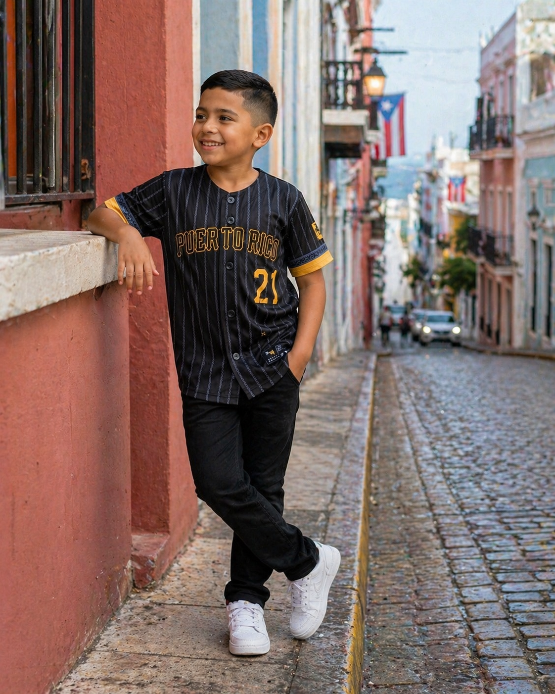 Puerto Rico Clemente Coquí Kids Baseball Jersey – Black Gold Youth Button-Up Shirt
