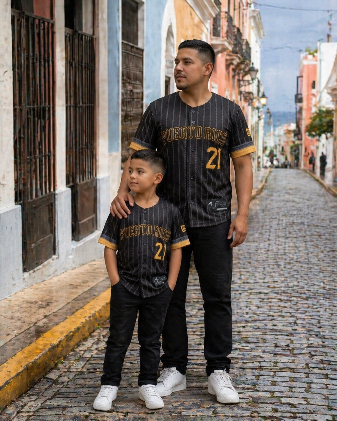 Puerto Rico Clemente Coquí Kids Baseball Jersey – Black Gold Youth Button-Up Shirt