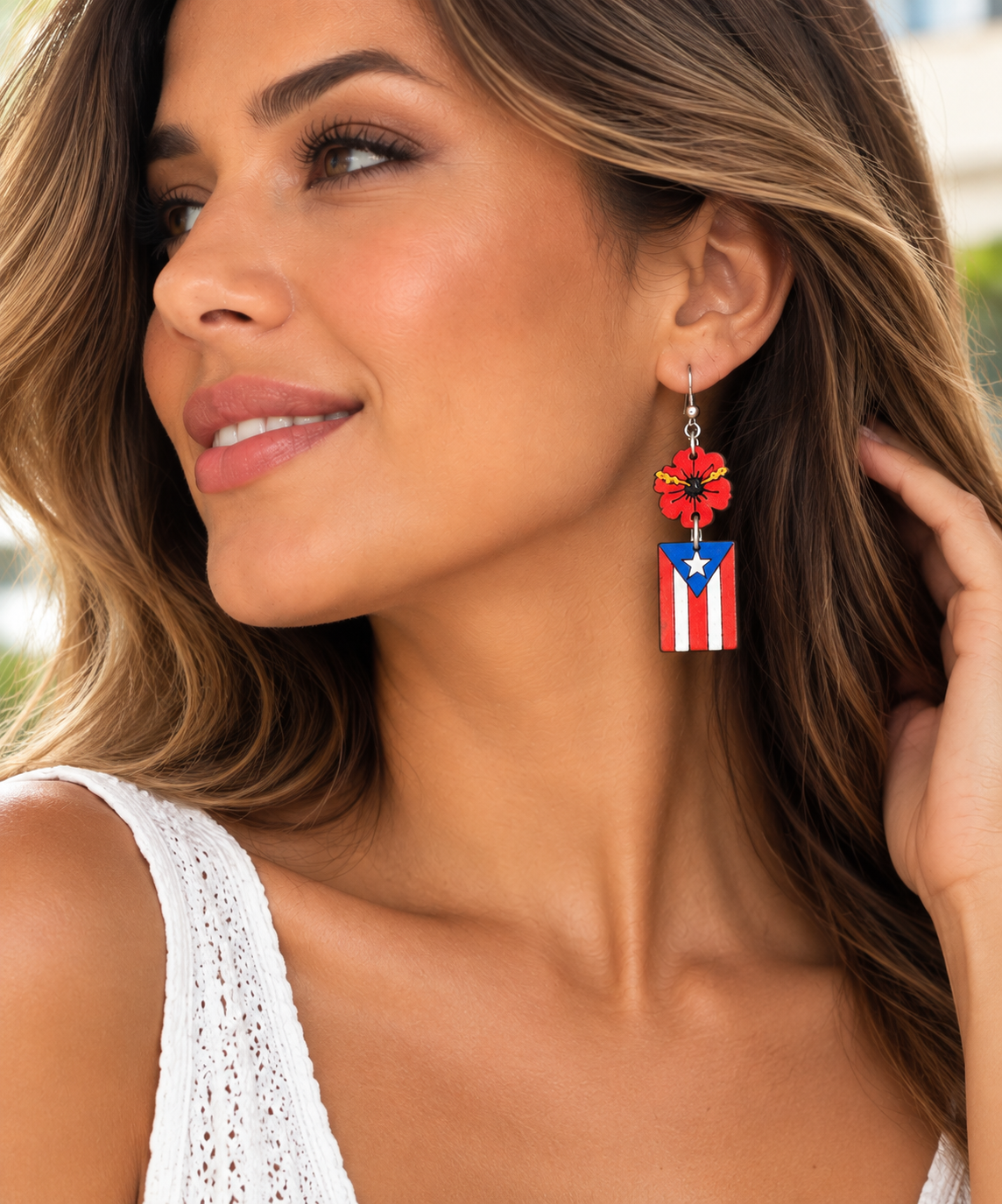 Flor Boricua Puerto Rico Flag & Hibiscus Dangle Earrings