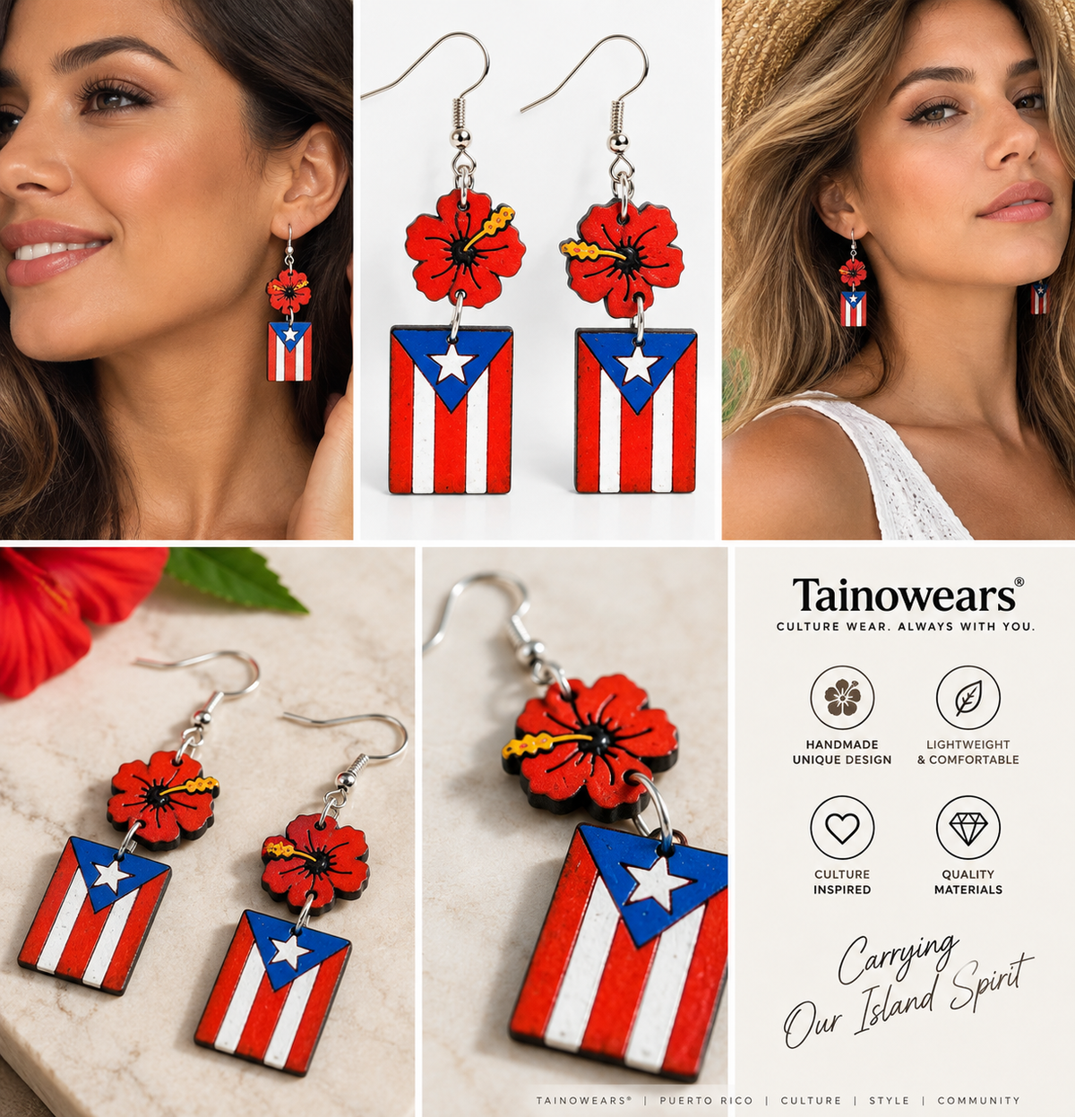 Flor Boricua Puerto Rico Flag & Hibiscus Dangle Earrings