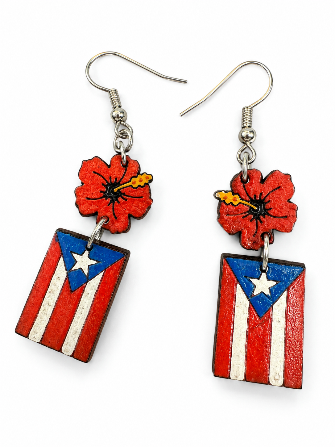 Flor Boricua Puerto Rico Flag & Hibiscus Dangle Earrings