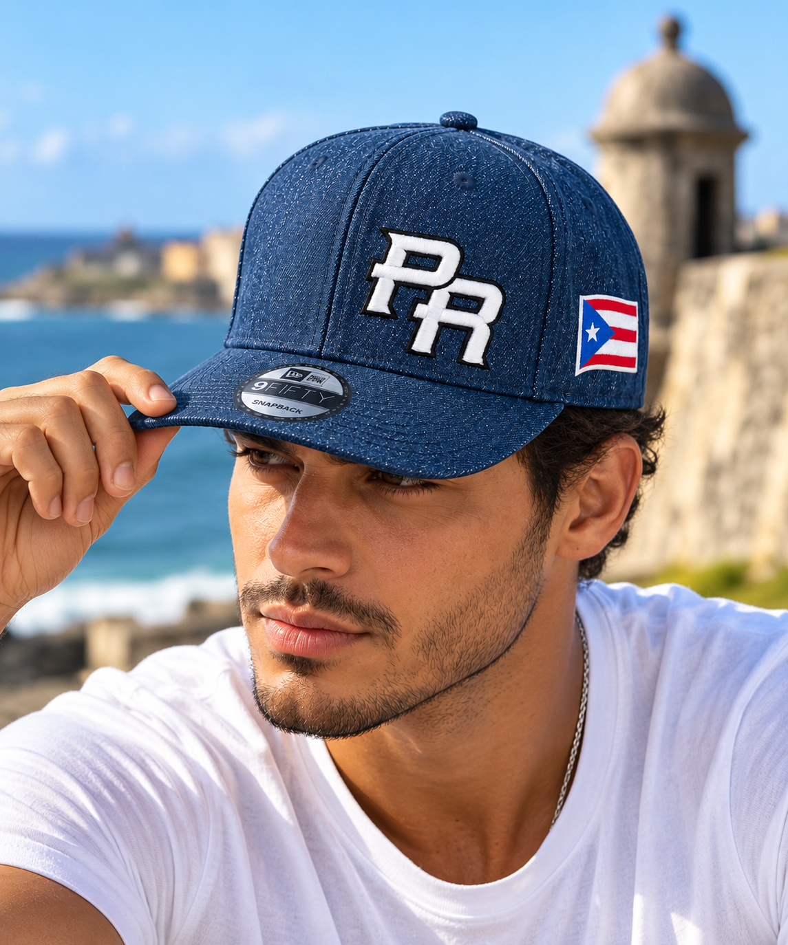Puerto Rico Denim PR Snapback Hat – Curved Brim, Embroidered PR & Flag Patch