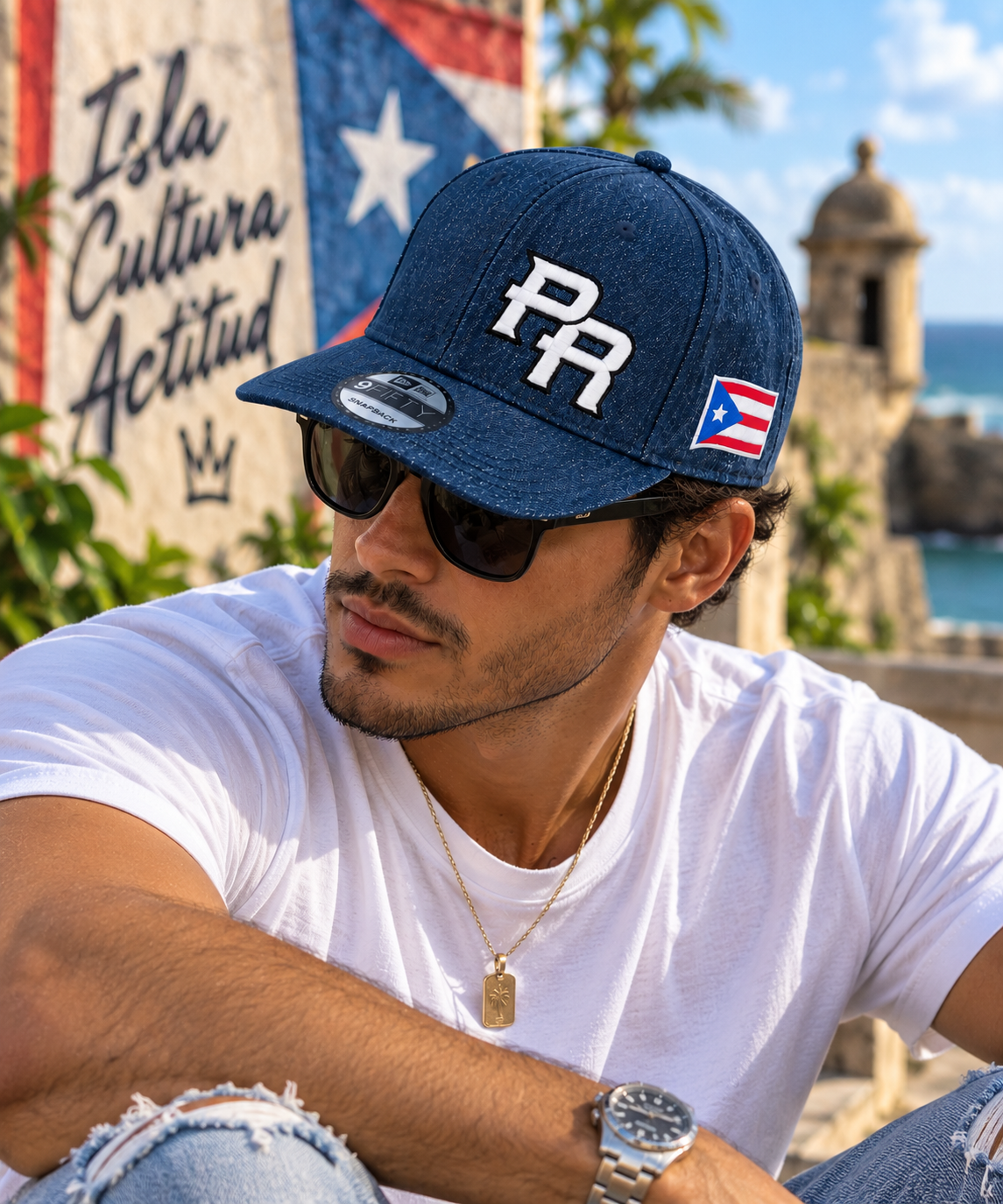 Puerto Rico Denim PR Snapback Hat – Curved Brim, Embroidered PR & Flag Patch
