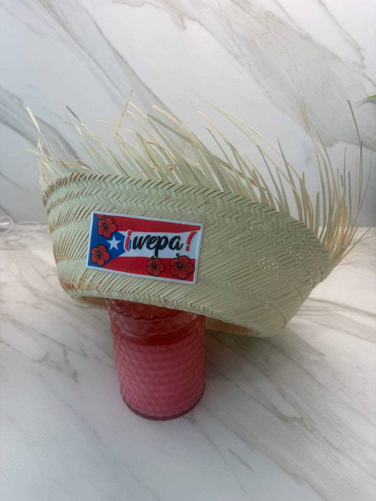 Wepa Puerto Rico Pava Straw Hat with Embroidered Flag Patch