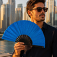 Blue Glitter Bamboo Folding Fan