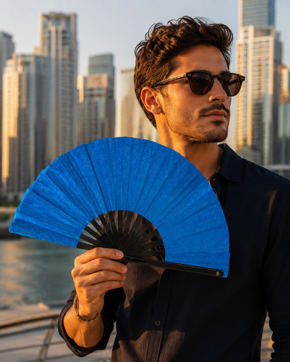 Blue Glitter Bamboo Folding Fan