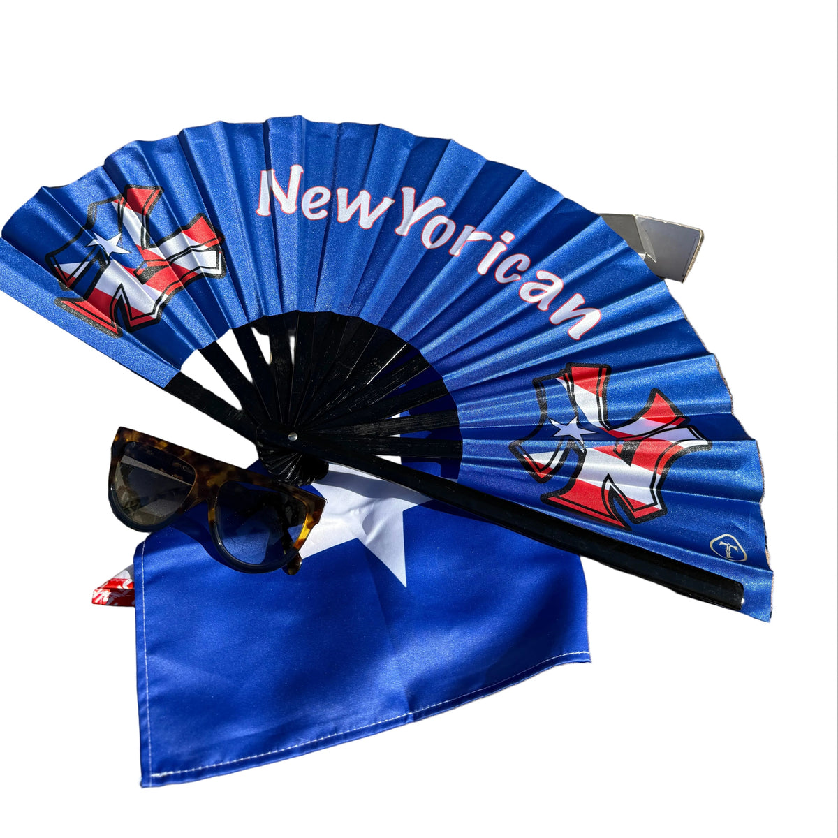 NewYorican Puerto Rico blue folding fan with black bamboo ribs