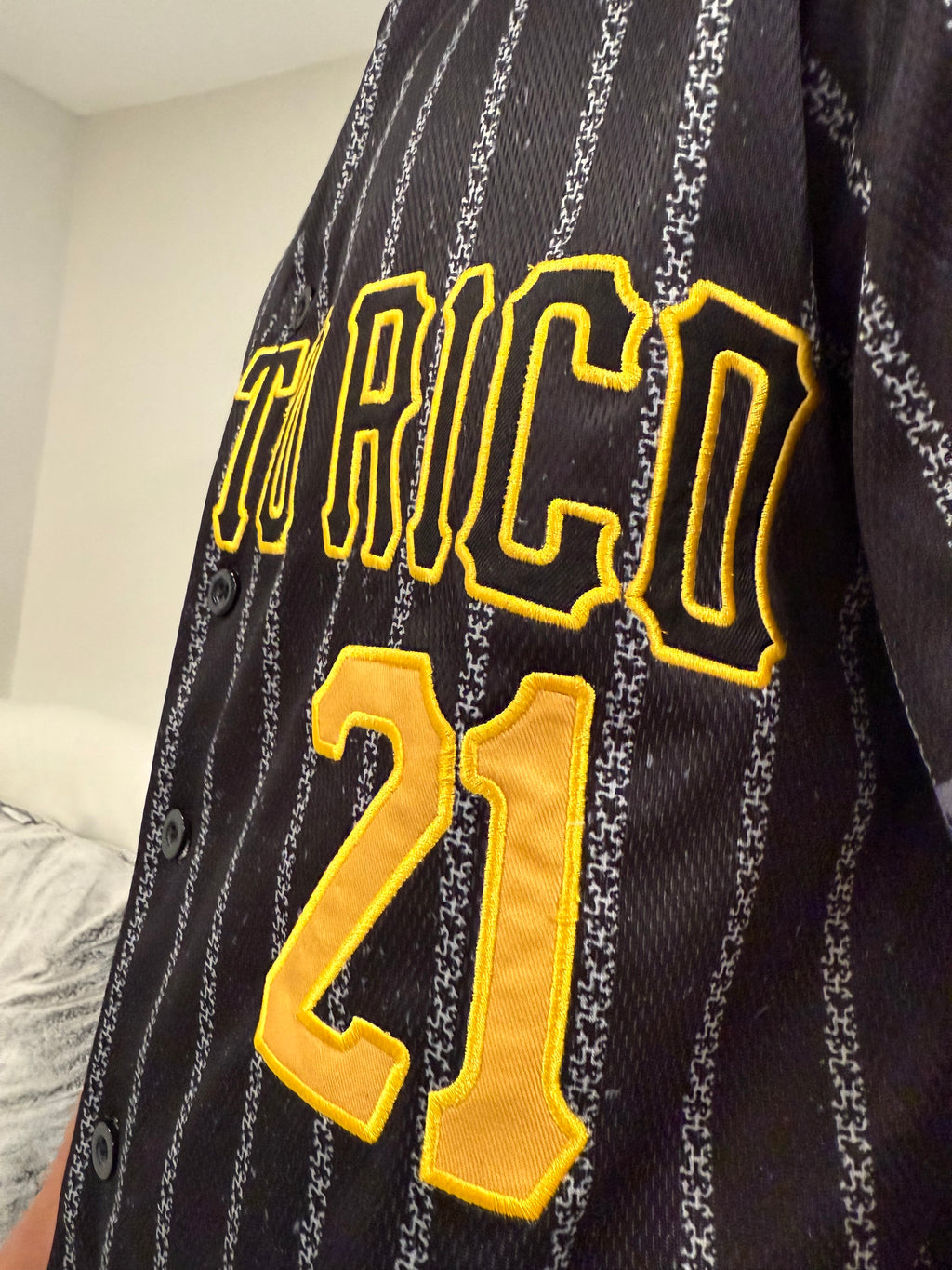 Puerto Rico Coquí Baseball Jersey #21 – Black Pinstripe Button-Up Jersey