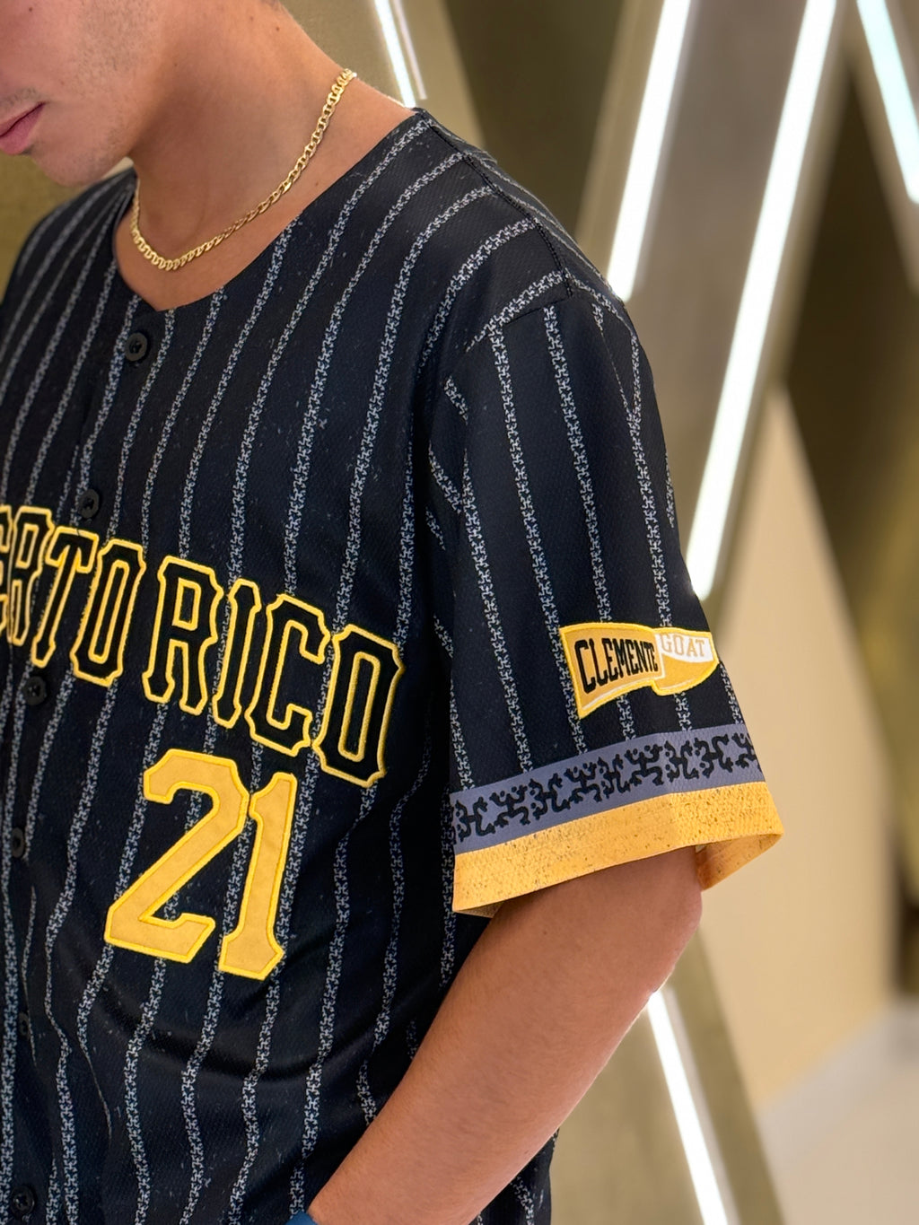 Puerto Rico Coquí Baseball Jersey #21 – Black Pinstripe Button-Up Jersey