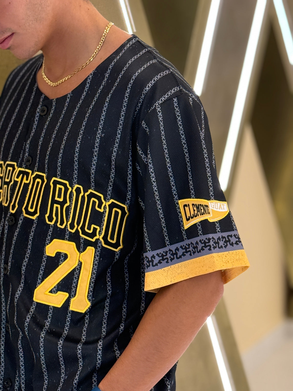 Puerto Rico Coquí Baseball Jersey #21 – Black Pinstripe Button-Up Jersey