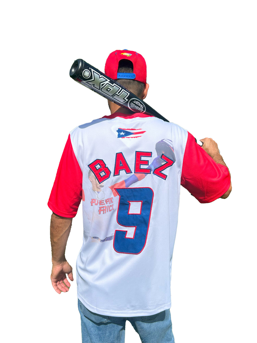Person wearing a baseball jersey with 'BAEZ' and number '9', holding a bat on a white background