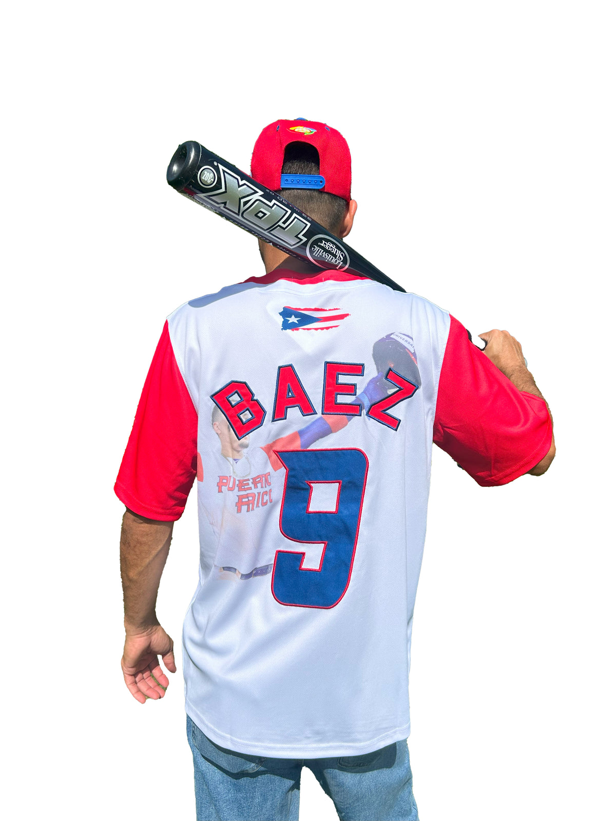 Person wearing a baseball jersey with 'BAEZ' and number '9', holding a bat on a white background