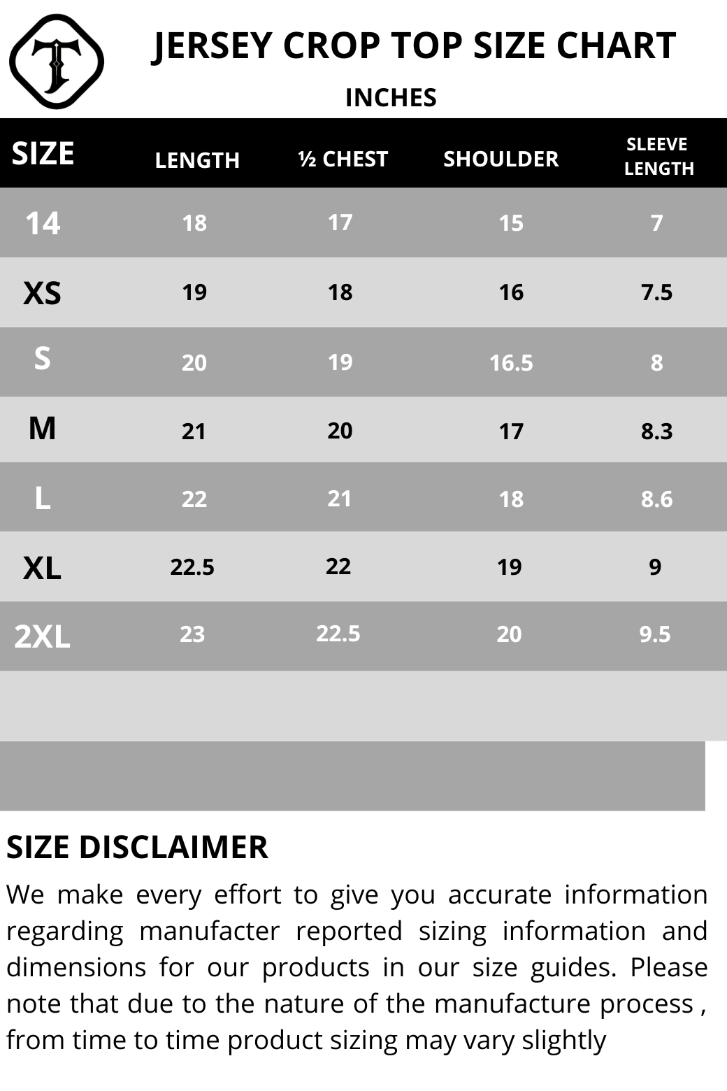 Jersey crop top size chart with measurements in inches