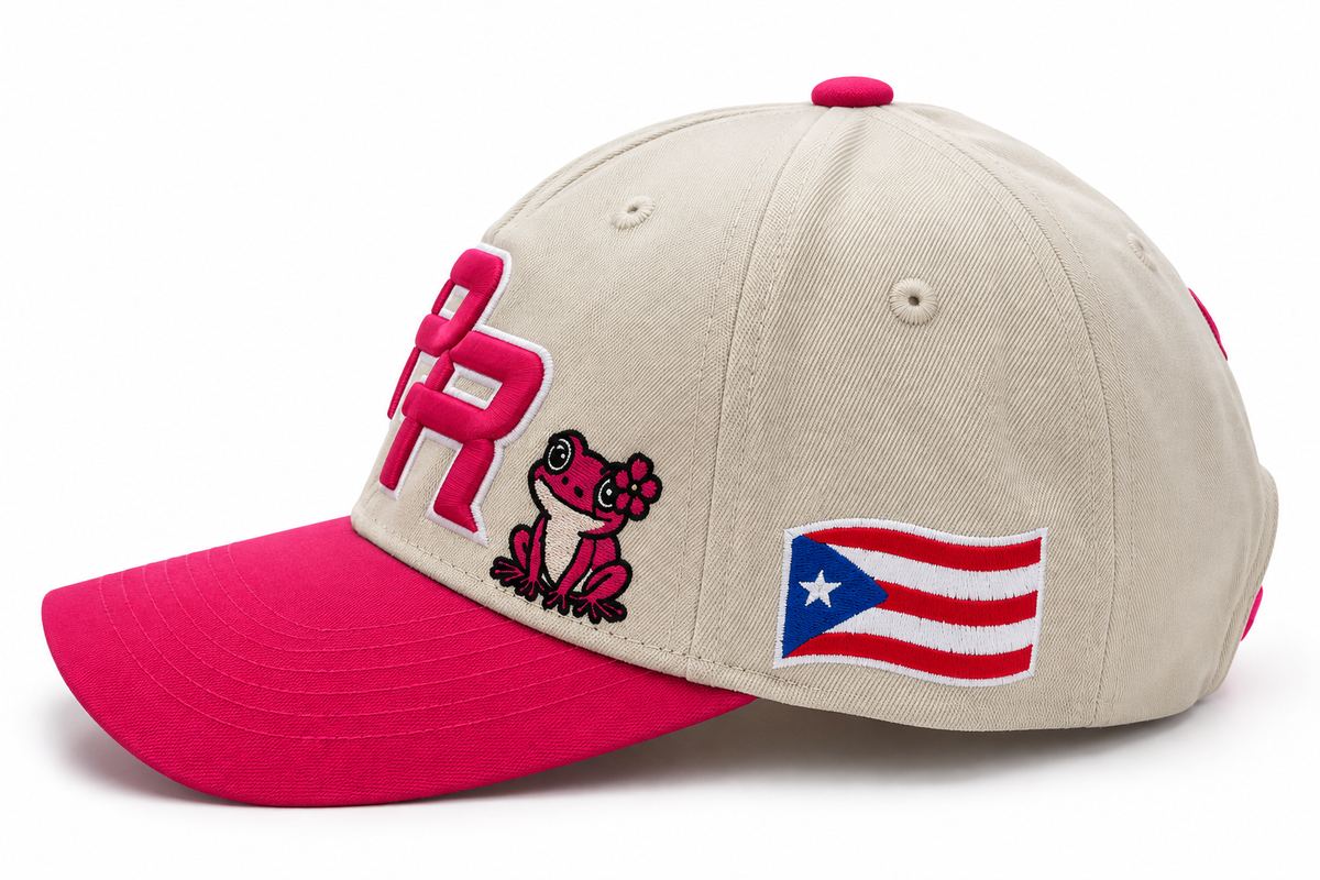 La Coqueta Puerto Rico Ivory & Fuchsia Embroidered Snapback Cap