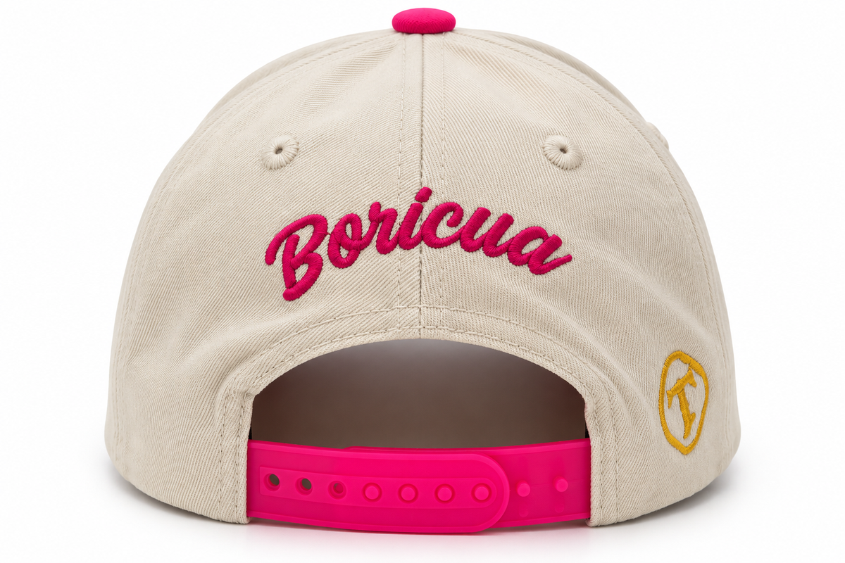 La Coqueta Puerto Rico Ivory & Fuchsia Embroidered Snapback Cap