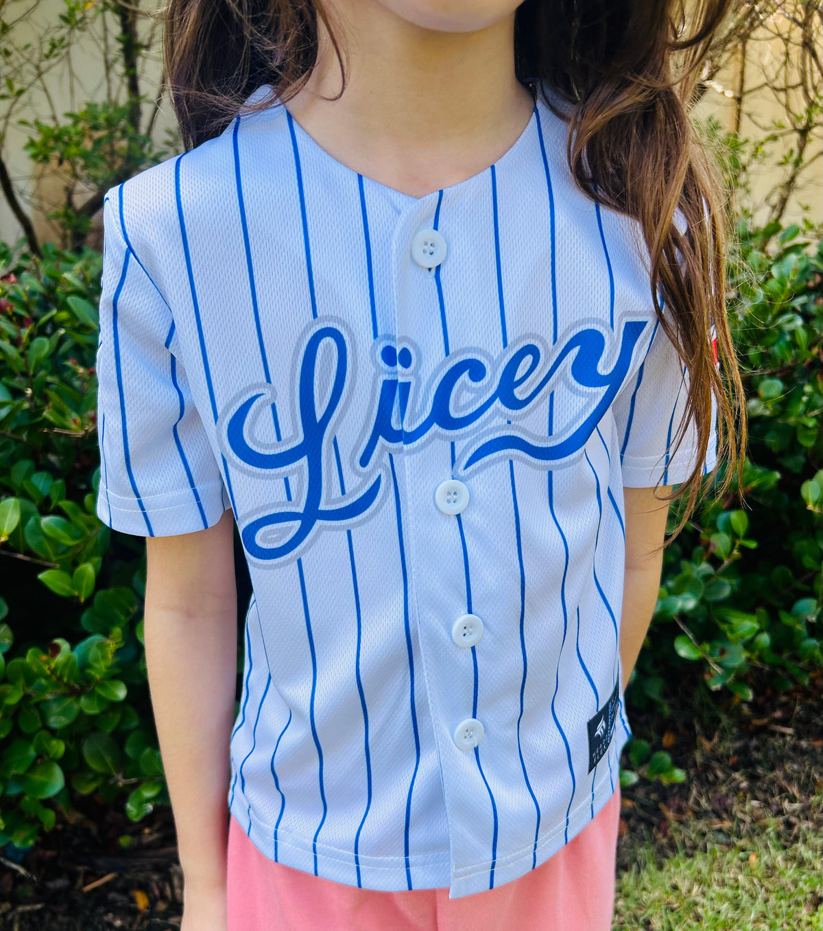 Kids pinstripe baseball jersey with blue script front artwork