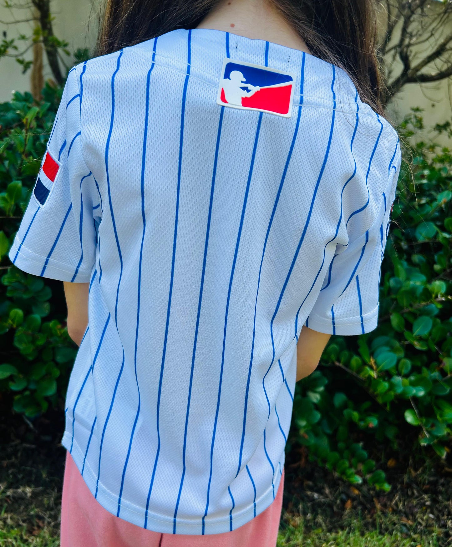 HEADZFLEX Licey Kids Baseball Jersey - Limited Edition with White and Blue Stripes, Premium Sublimation, Embroidered Flag