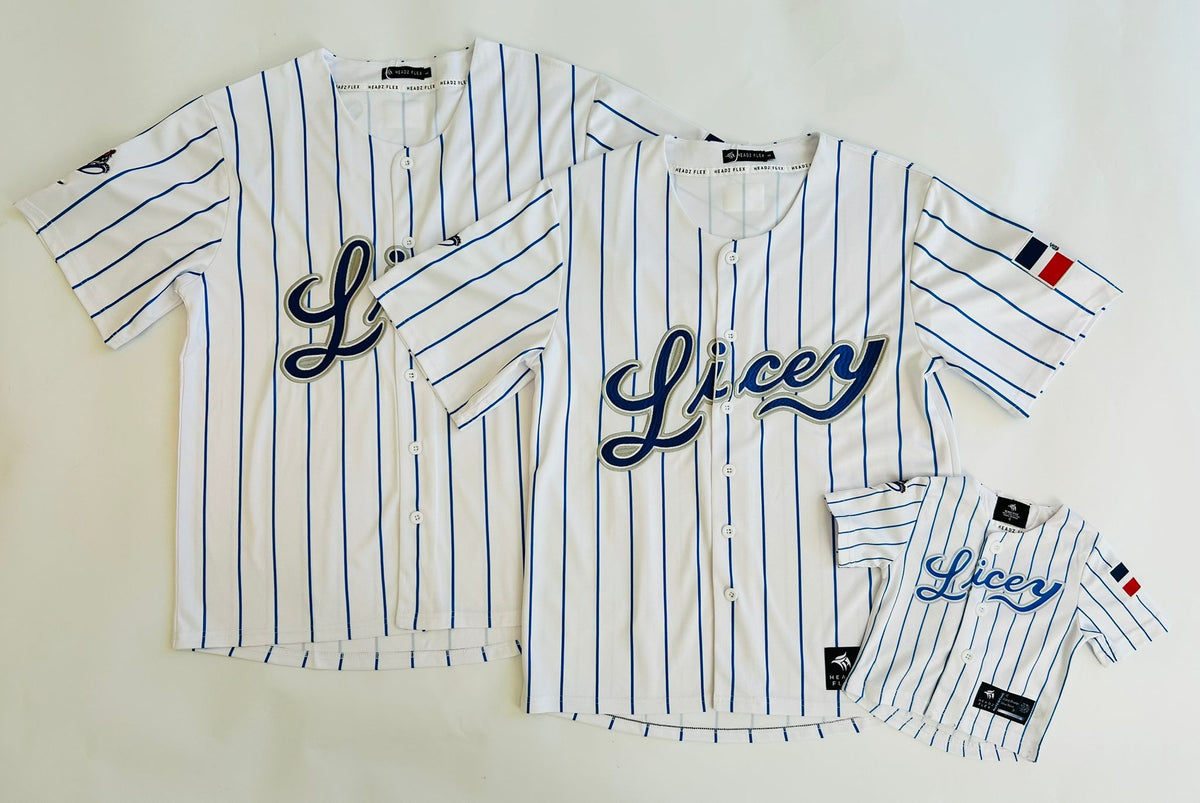 Kids baseball jersey with blue pinstripes and flag-inspired sleeve detail