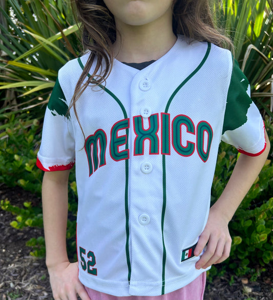 Mexico Kids Baseball Jersey – White #52 Jersey with Mexican Flag Eagle
