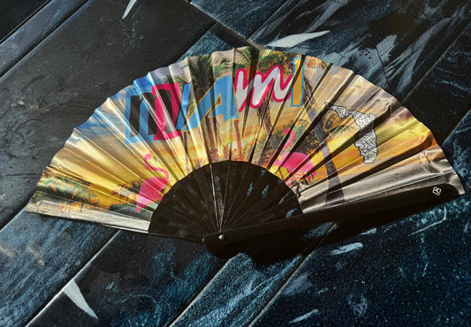 Miami Flamengo Folding Fan with Music Notes – Premium Nylon & Bamboo