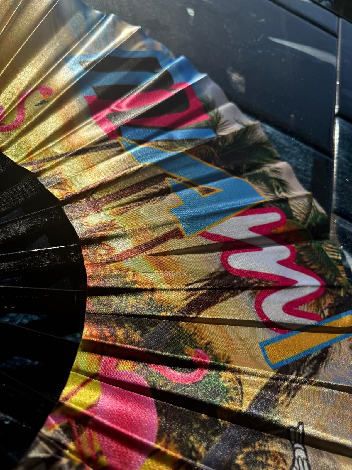 Miami Flamengo Folding Fan with Music Notes – Premium Nylon & Bamboo