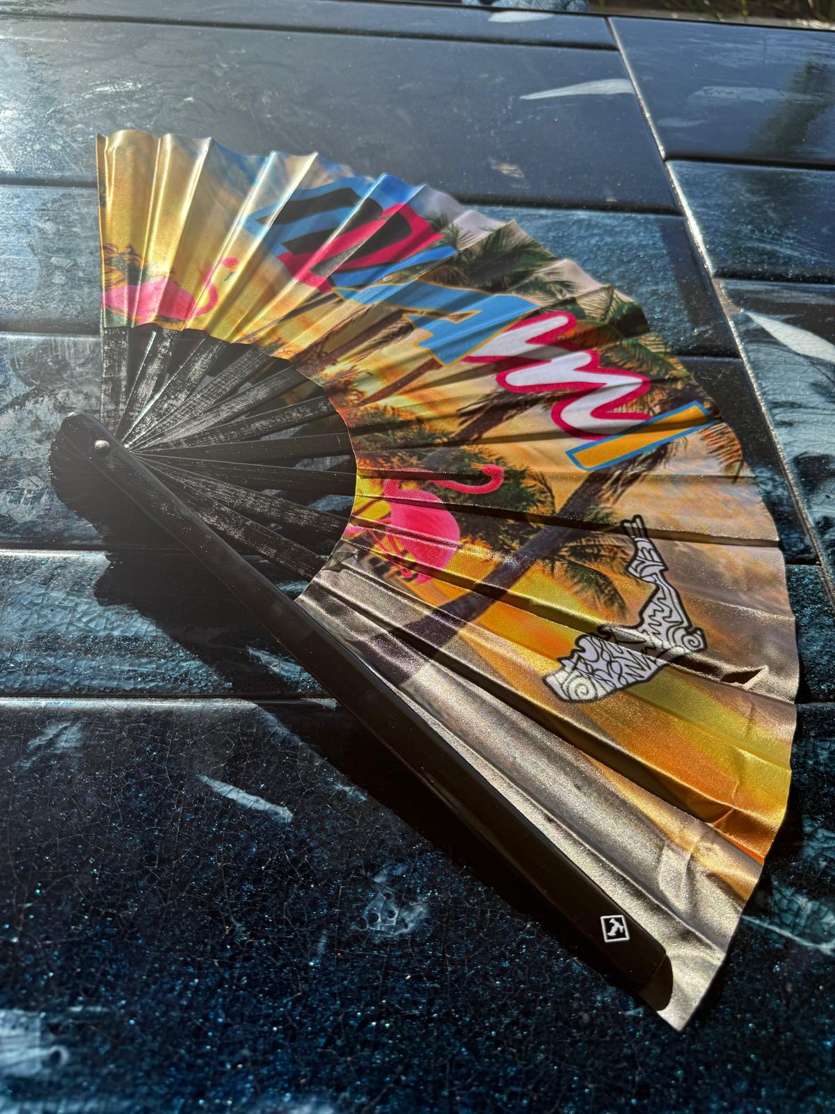 Miami Flamengo Folding Fan with Music Notes – Premium Nylon & Bamboo