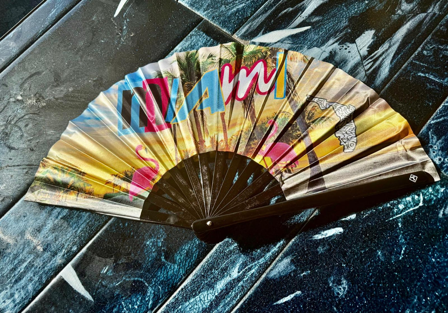 Miami Flamengo Folding Fan with Music Notes – Premium Nylon & Bamboo