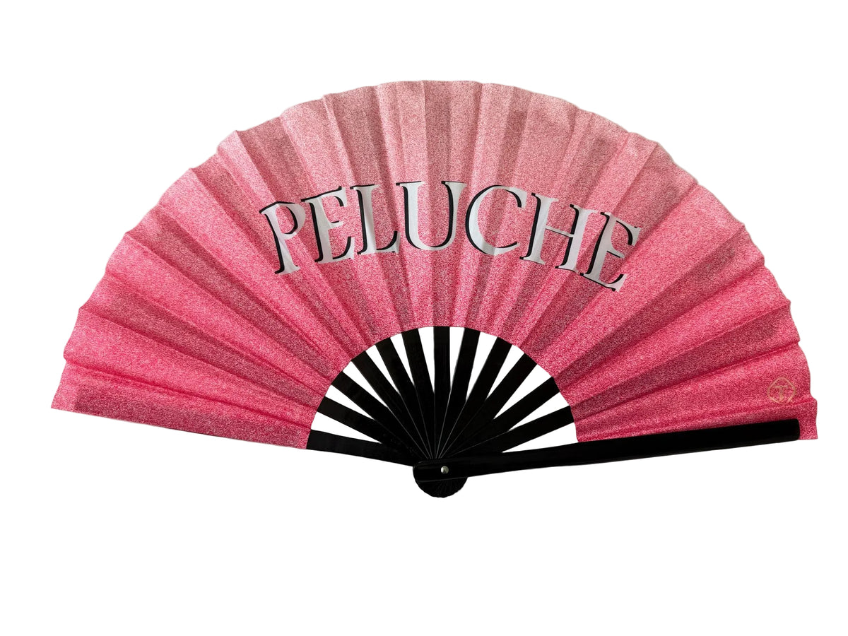 Peluche pink glitter folding fan with black bamboo ribs