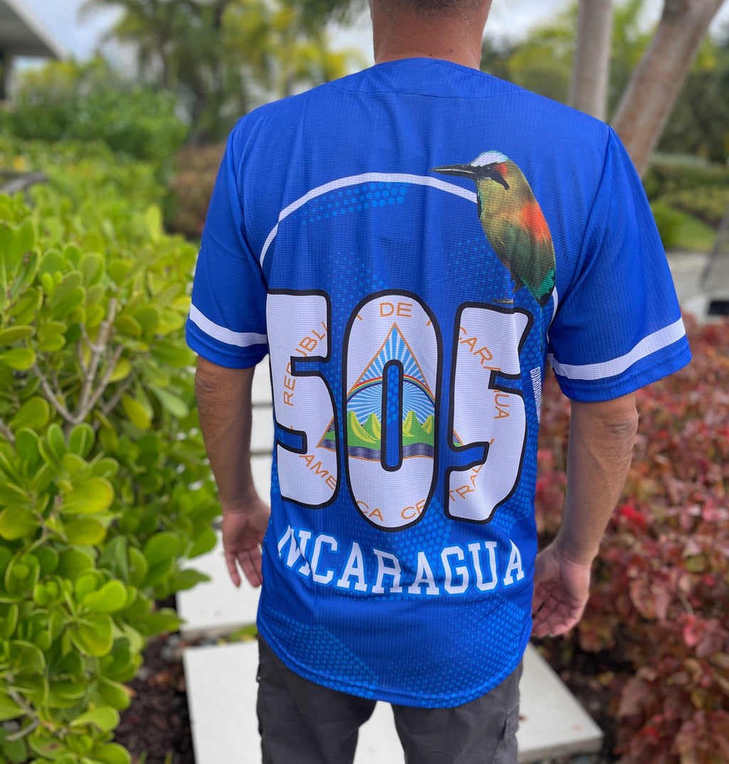 Nicaragua Baseball Jersey – Blue Sublimation with Coat of Arms & "505" Back Design
