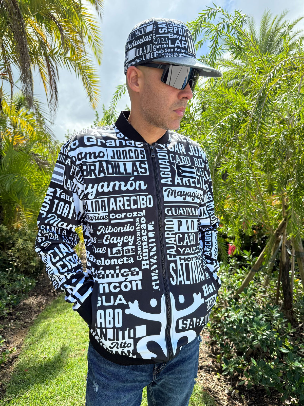 Puerto Rico 78 Pueblos Bomber Jacket | Black White Streetwear Jacket