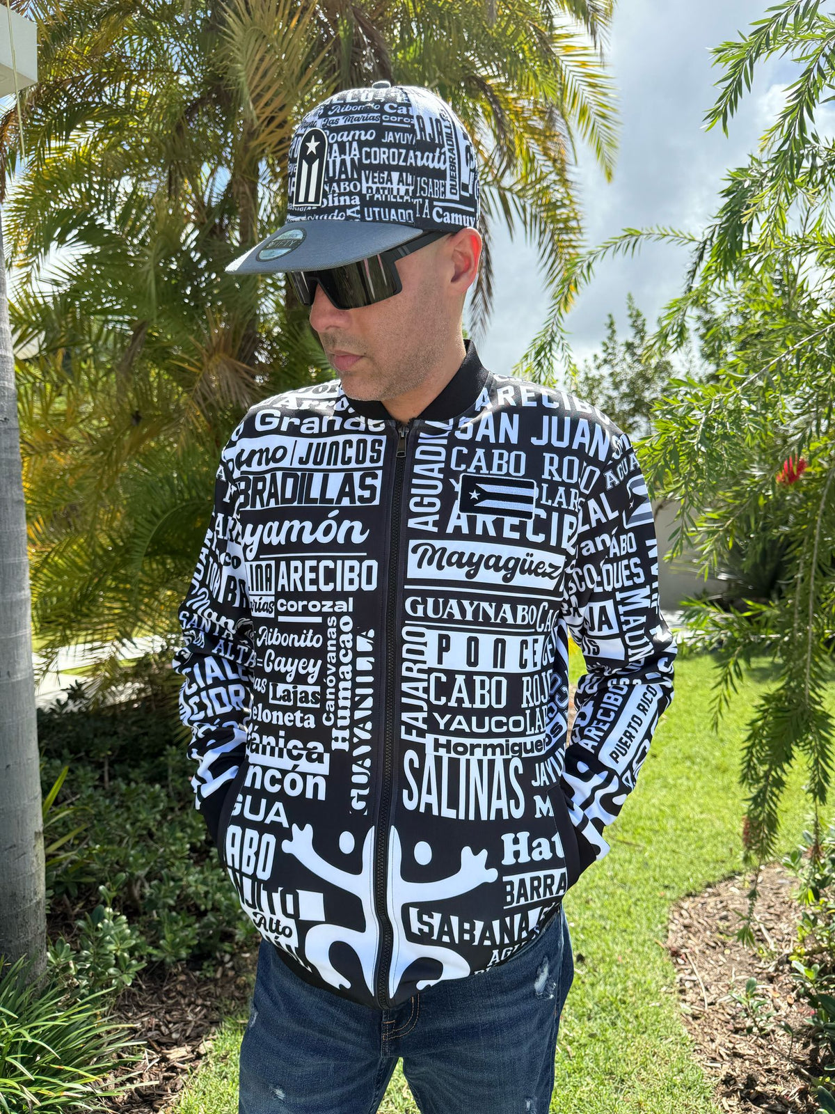Puerto Rico 78 Pueblos Bomber Jacket | Black White Streetwear Jacket
